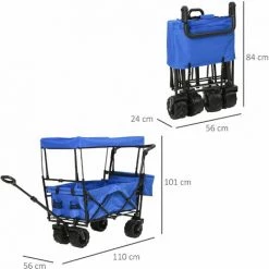 Outsunny Chariot Pliant Avec Toit, Poignée, Panier - Chariot De Plage - Chariot De Transport Pliable Tout-terrain Métal Noir Oxford Bleu - Bleu -chariot de jardin Soldes 2022 18252951 3