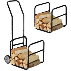 Relaxdays Chariot à Bois, 2 En 1, Panier à Bûches Avec Roues, En Acier, Jusqu’à 45 Kg, Transport & Rangement, Noir