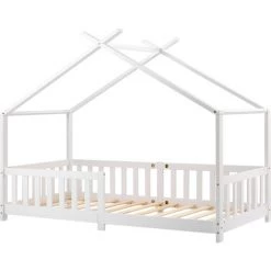 ORGANNICE Beau Lit Maison, Lit Bébé, Bois Massif Avec Clôture Et Sommier à Lattes, Avec Protection Antichute Pour Chambres D'enfants Et De Jeunes, Blanc (200x90cm) - Blanc -chariot de jardin Soldes 2022 46225560 4