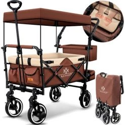 KESSER® Chariot De Transport Pliable GTS-9100 Avec Toit Chariot à Bras Chariot De Transport Pliable 2x Systèmes De Harnais à 3 points Inclus Pneus Pleins 360° Et Rallonge Intérieure Freins Avant Et Arrière + Sac De Transport, Beige Marron