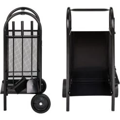 TECTAKE Chariot à Bûches, Chariot à Bois, Panier En Métal, Porte Et Range Bâche Sur Roulette Avec Pelle, Balai Et Tisonnier - Noir -chariot de jardin Soldes 2022 7513790 3